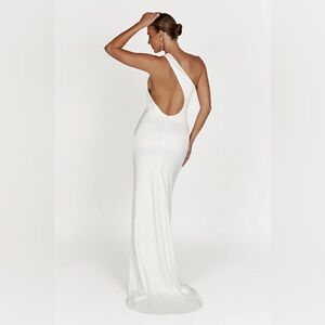 Meshki one shoulder white gown with train, perfect for a bridal look/events! NWT
